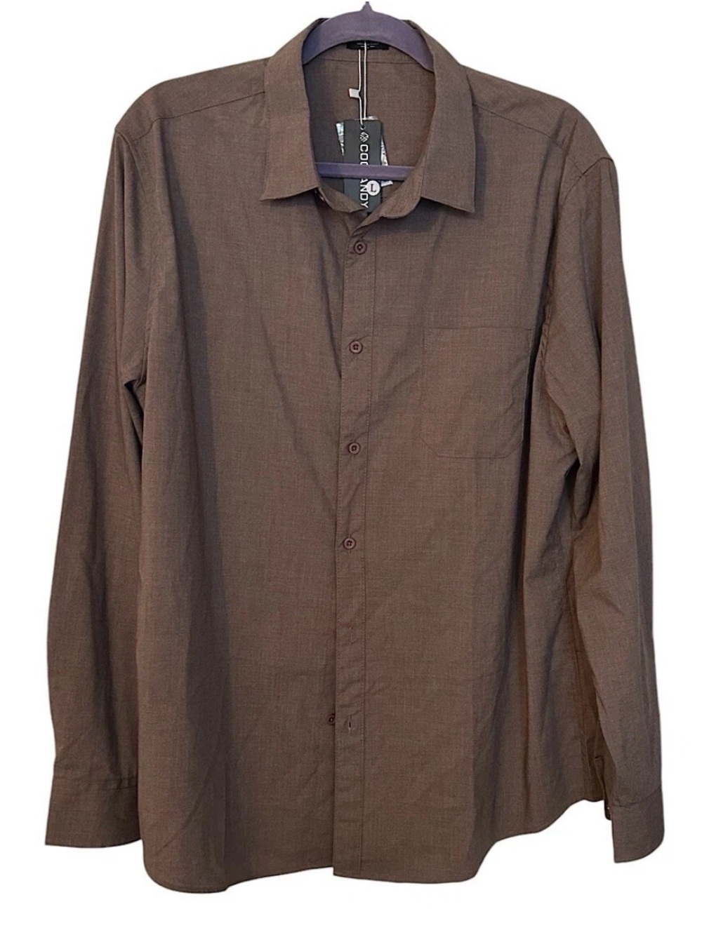 NWT Coofandy Men's Bottom-Down Shirt Long Sleeve Size Large Stretch Brown Office